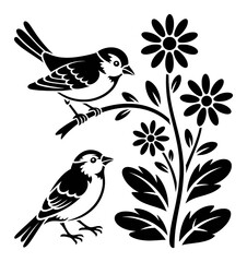 Two birds perched near flowers branch