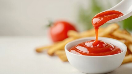 Vibrant ketchup drizzle over fries