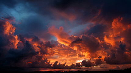 Fototapeta premium Fiery clouds at dusk with deep blue and orange hues illuminating the sky sunset dramatic
