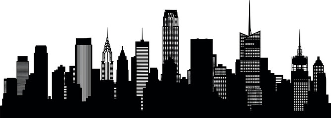 Obraz premium New York City skyline silhouette, iconic skyscrapers, urban architecture, cityscape art, black and white design, downtown landscape