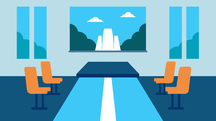 Naklejka premium Boardroom With Panoramic Waterfall Backdrop