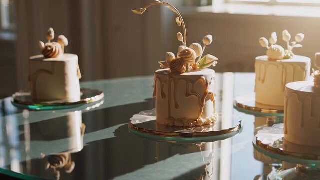 Mini birthday cake with drip icing and flower topping stands as sweet dessert. Cake for celebration decorated with chocolate, flower, and bakery icing. Icing makes cake sweet and festive