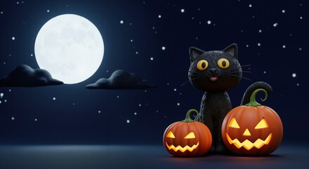 Fototapeta premium 3D clay-style black cat with cute and spooky mood, jack-o’-lantern under moonlight 