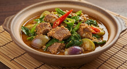 Fototapeta premium Laotian Or Lam stew with rich and earthy mood, buffalo meat, sakhan pepper, eggplants, and greens served in ceramic bowl on bamboo mat with side light and close-up food styling