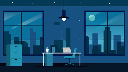 Office with Panoramic Night City Skyline View