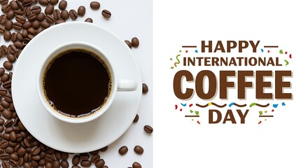 Best selling happy international coffee day celebration with a cup of coffee and beans