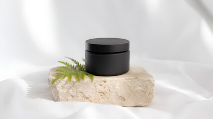Black matte cosmetic jar on stone with fern skincare