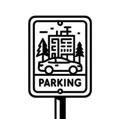 Fototapeta premium Parking sign with car building and trees illustration in black and white line art style ideal for transportation services and urban planning materials
