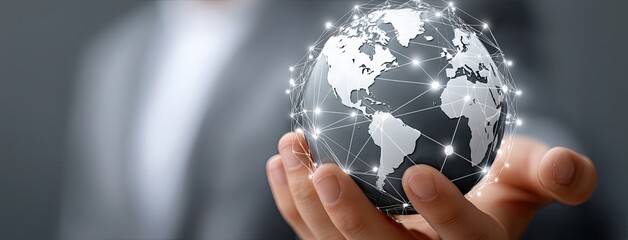 Global connectivity and technology represented by a hand holding a networked globe in a modern office setting