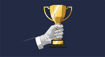 A professional vector illustration of a hand holding a trophy, symbolizing success and a moment of triumph. The artwork uses stylized realistic and minimalist lines for an official and clean look.