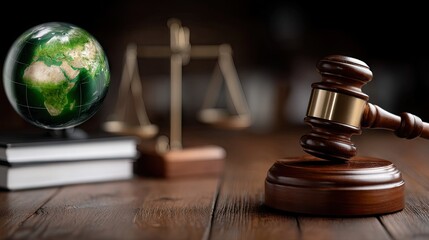 Global justice concept with a gavel, scales of justice, and a globe representing law and order in modern society