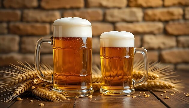 Two Frothy Beer Mugs on a Wooden Table with Wheat and a Brick Wall Background, Ideal for Pubs, Breweries, and Social Media Promotions.