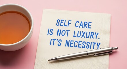 Best selling self care is not luxury, its necessity quote with tea and pen
