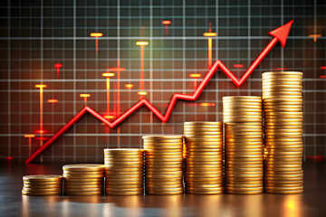 Stacks of gold coins increasing in height against a backdrop of a financial chart with an upward trending arrow, symbolizing economic growth and investment success