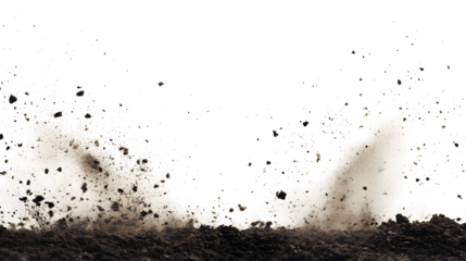 Dirt explosion with embers and debris on white background isolated on a transparent background