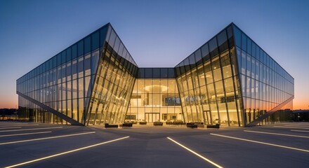 Obraz premium Modern glass office building at dusk