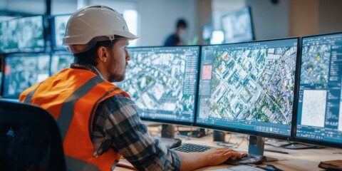 Construction worker analyzing urban planning data at a workstation with multiple monitors in a modern office environment