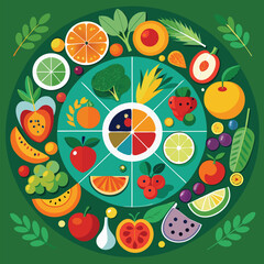 Colorful Circular Infographic of Fresh Fruits and Vegetables for Healthy Eating and Nutrition Concepts.