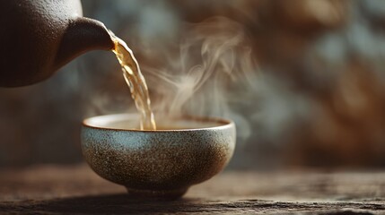 Close-up of pouring tea into ceramic cup, blurred foggy background