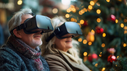 Senior couple using VR headsets to experience a virtual Christmas market while sitting near a Christmas tree