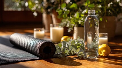 Crisp morning yoga mat in sunlight, lemon water bottle, candles, and eucalyptus sprigs nearby