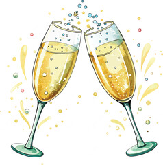 two champagne glasses toasting, a festive watercolor celebration.