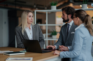 Businesspeople working together in modern office using laptop