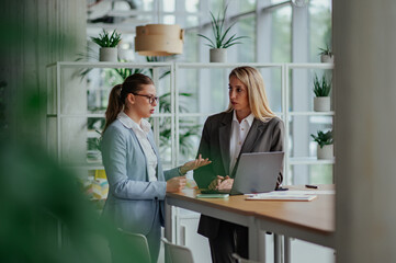 Obraz premium Businesswomen discussing work at table with laptop in modern office
