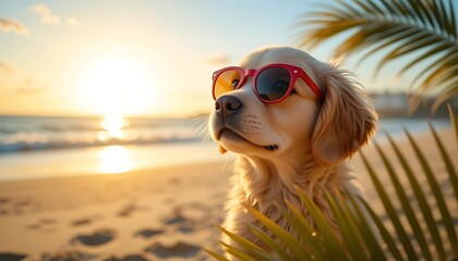 Adorable Golden Retriever Puppy Wearing Sunglasses on a Sunny Beach, Symbolizing Summer Vacation, Pet-Friendly Travel, and Relaxation, for Blogs, Social Media, and Travel Websites.