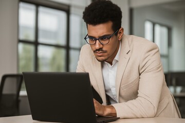 Focused Young Professional Analyzing Data on a Laptop in a Modern Office Environment with Natural Light Streaming In