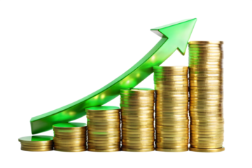 Green upward arrow graph showing financial growth and increasing profit, with stacks of gold coins isolated on transparent background