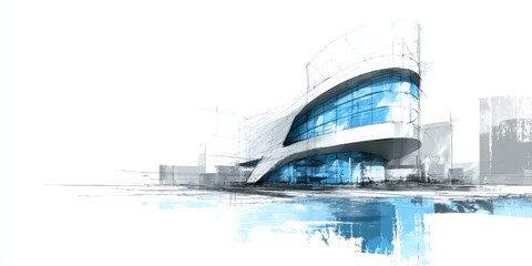 Modern architectural design featuring a sleek building with glass elements surrounded by urban landscape in a dynamic sketch style