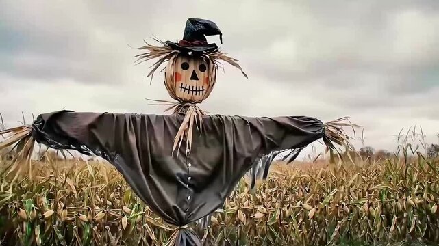 Ominous Halloween scarecrow with a witch hat standing watch over a desolate, windy autumn cornfield.