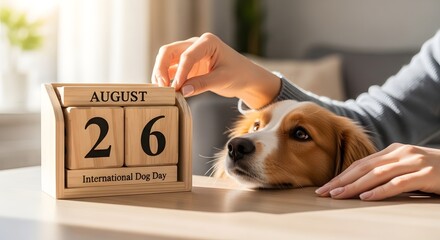 A person's hand adjusts a wooden perpetual calendar to August 26 next to a golden retriever dog