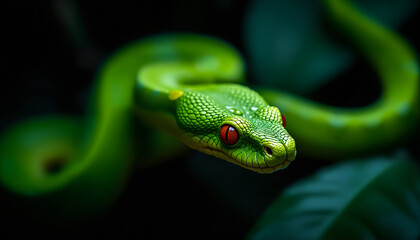 Sharp and moody photo of venomous green snake with intense stare and wet skin.