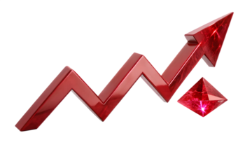 Red metallic arrow with zigzag pattern indicating financial growth and success, isolated on transparent background