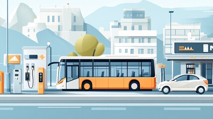 Modern city scene with electric buses gliding silently amidst urban architecture, showcasing sustainable public transportation and energy efficiency.