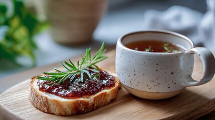Minimalist kitchen scene with toast, fig jam, and herbal tea in ceramic mug, natural wood background