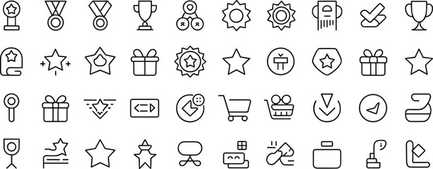 Achievement and Award Icons – Trophy, Medal, Star, Ribbon, Gift Box, Badge, Shopping Cart, Timer, and Certificate Outline Set