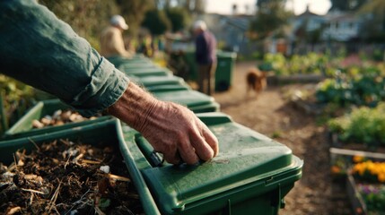 Medium shot capturing a community member rotating the compost bins aeration handle with dog waste inside blurred neighbors and plants in the backdrop showcasing collective green