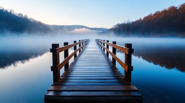 A serene wooden bridge stretches across a mist-covered river at dawn, surrounded by peaceful wilderness and soft morning light. - Powered by Adobe