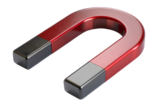 A red horseshoe magnet with silver poles, isolated on a transparent background, representing magnetic force and attraction in science and physics