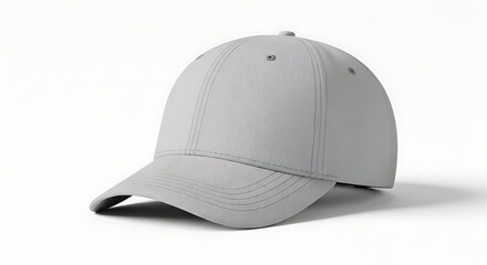 Fototapeta premium A light gray baseball cap with a curved brim sitting on a white surface in a studio setting
