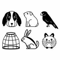 Fototapeta premium Illustration of various pets including a dog rabbit bird fox and their cage in a simple black and white design