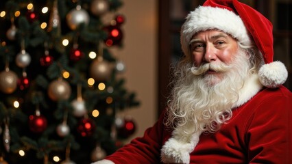 Warm and Friendly Santa Claus Portrait; Christmas Cheer, Festive Background, Red Suit