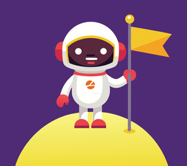 Cartoon astronaut planting flag on yellow planet space