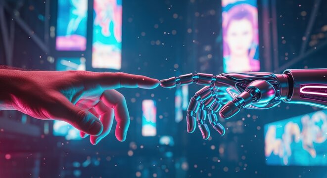 Human and robotic hands gently touch, mirroring the Creation of Adam, set against a vibrant, futuristic cityscape backdrop.