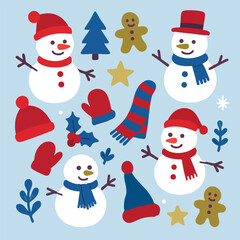 Christmas Snowmen Greeting Season Scarf Hat Nose Mitten Gingerbread Holiday in Vector