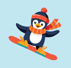Penguin Snowboarding with Scarf and Hat cartoon illustration