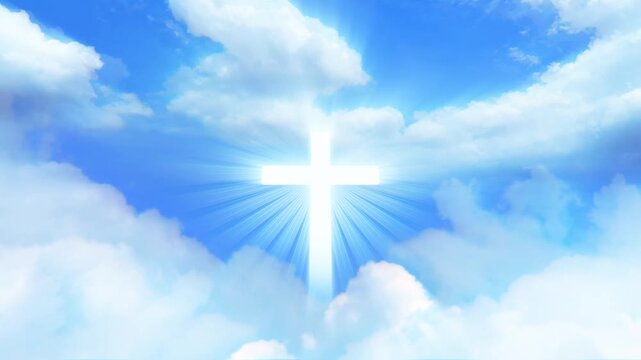 Heavenly Glowing Cross in Blue Sky with Clouds. For worship services, church presentations, gospel videos, religious celebrations. - Powered by Adobe